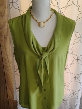 Silk Pendleton Sleeveless Tie-Neck Blouse in Olive Green